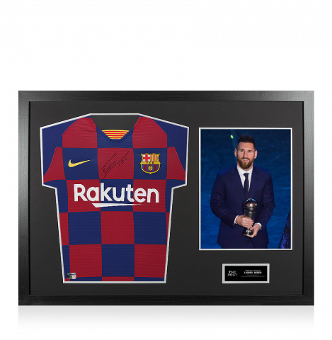 Lionel Messi Official The Best FIFA Football Awards™ Front Signed and Framed FC Barcelona 2019-20 Authentic Home Shirt: 2019 Winner