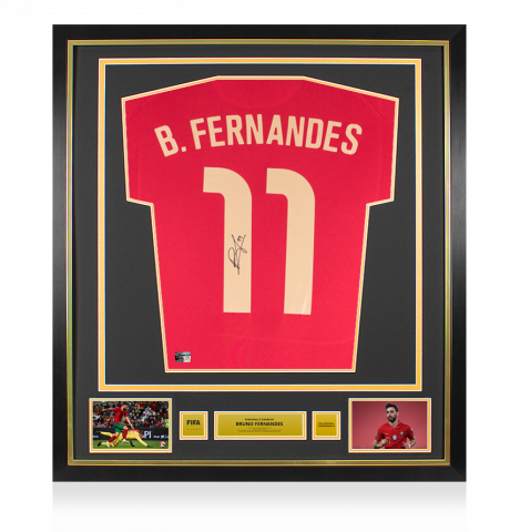 Bruno Fernandes Official FIFA World Cup™ Signed and Framed Portugal 2020-21 Home Shirt With Fan Style Numbers