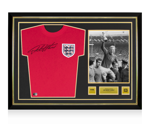 Sir Geoff Hurst Official 1966 FIFA World Cup™ Front Signed and Hero Framed Score Draw England 1966 Away Shirt
