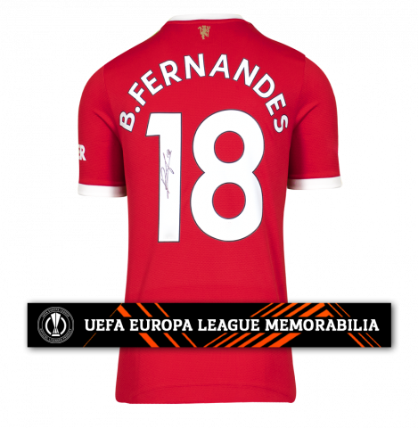 Bruno Fernandes Official UEFA Europa League Signed Manchester United 2021-22 Home Shirt With Fan Style Numbers