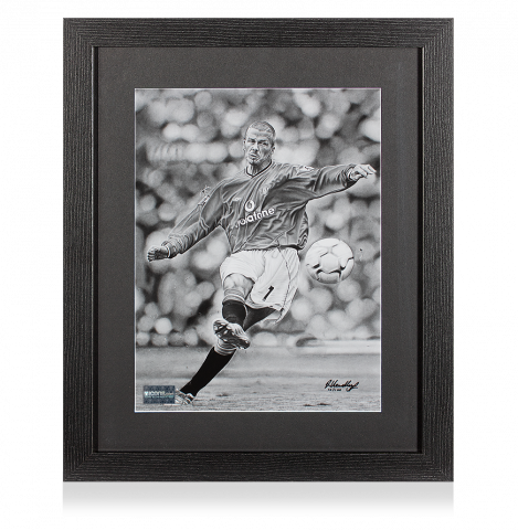 ARTIST SIGNED David Beckham Tribute Artwork In Black Wooden Frame: Free-Kick Master