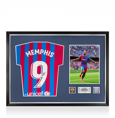 Memphis Depay Official FC Barcelona Back Signed and Framed 2021-22 Home Shirt