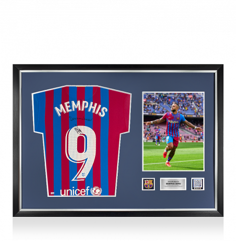 Memphis Depay Official FC Barcelona Front Signed and Framed 2021-22 Home Shirt: 'Dream Chaser' Special Edition