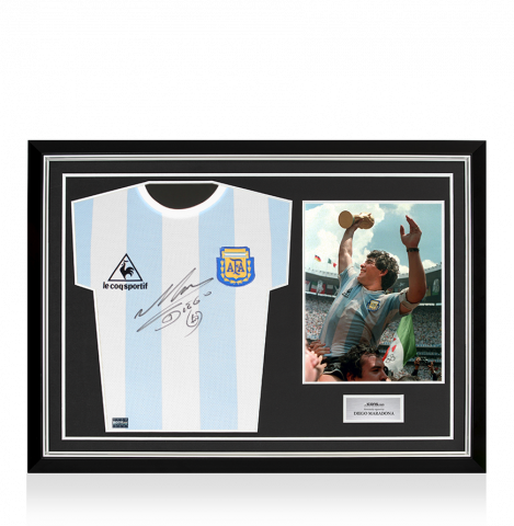 PRE-FRAMED - Diego Maradona Front Signed Retro Le Coq Sportif Argentina Home Shirt In Hero Frame: Option 1