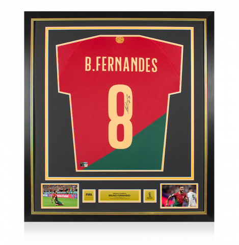 Bruno Fernandes Official 2022 FIFA World Cup™ Back Signed and Framed Portugal 2022-23 Home Shirt With Fan Style Numbers
