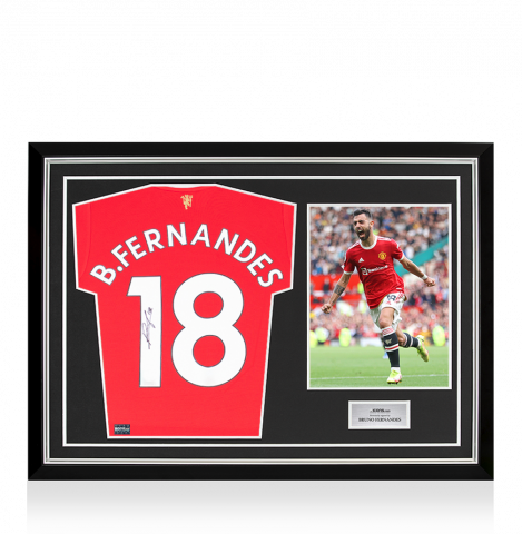 Bruno Fernandes Signed Manchester United 2021-22 Home Shirt With Fan Style Numbers In Hero Frame: Option 1