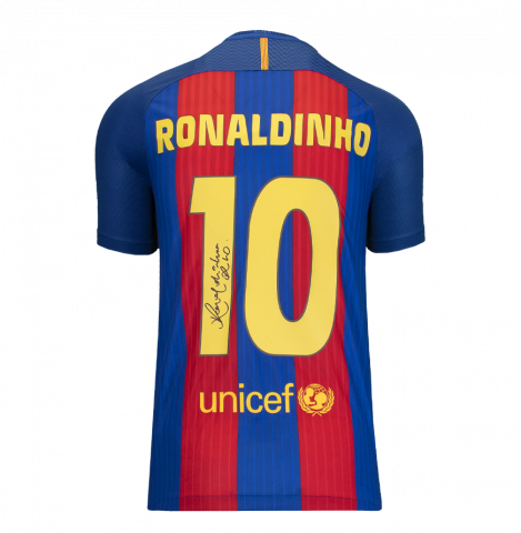 Ronaldinho Back Signed FC Barcelona 2016-17 Home Shirt with Fan Style Numbers In Deluxe Packaging