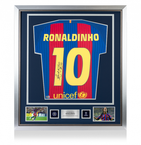 Ronaldinho Official UEFA Champions League Back Signed and Framed FC Barcelona 2016-17 Home Shirt with Fan Style Numbers