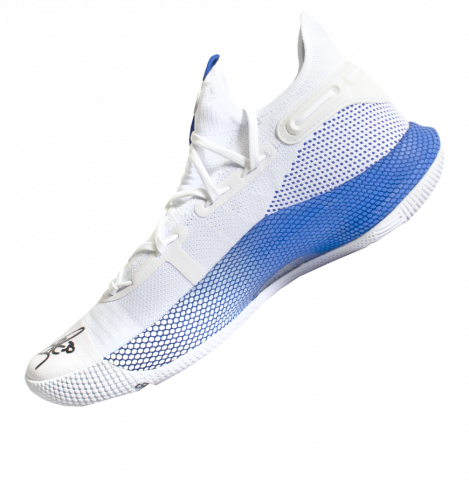 Stephen Curry Signed White and Blue Under Armour Curry 6 Basketball Sneakers