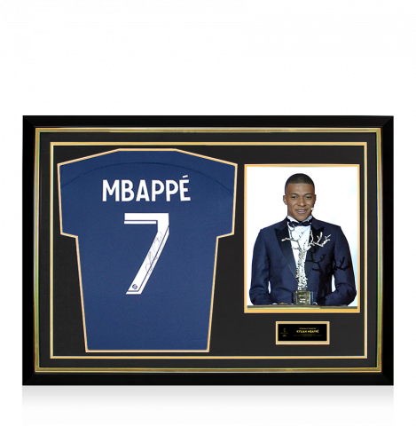 Kylian Mbappe Official Ballon d'Or™ Signed and Hero Framed Paris St-Germain 2022-23 Home Shirt: 2018 Kopa Trophy Winner
