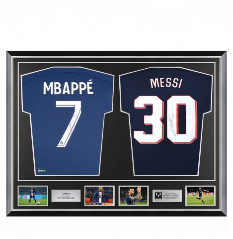 Kylian Mbappe & Lionel Messi Back Signed Paris Saint-Germain Home Shirts In Classic Dual Frame