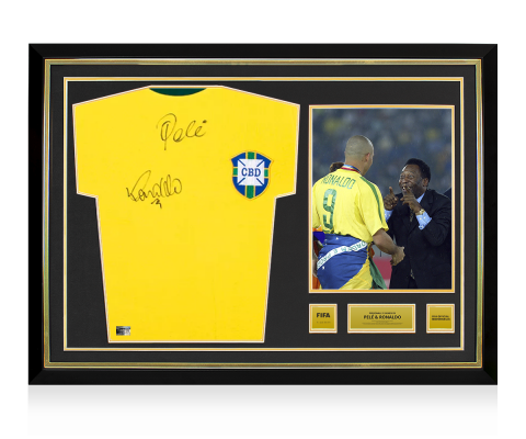 Ronaldo & Pele Official FIFA World Cup™ Front Signed and Hero Framed Retro Brazil Home Shirt
