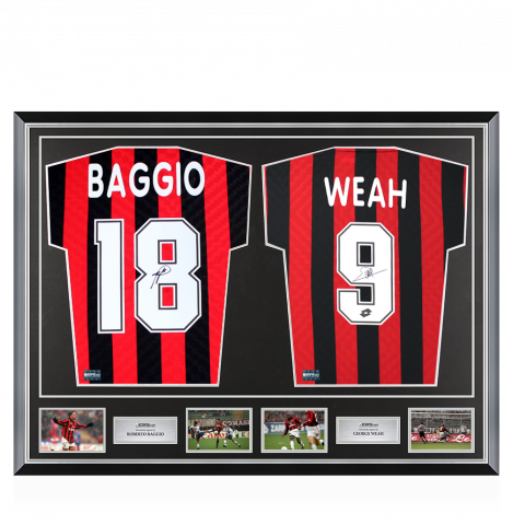 Roberto Baggio & George Weah Signed AC Milan Shirts In Classic Dual Frame