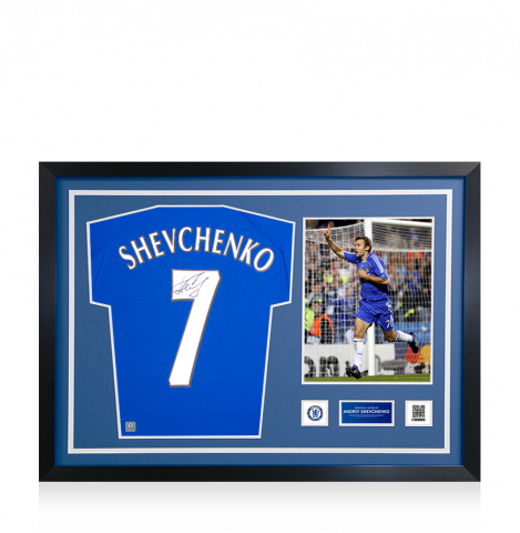 Andriy Shevchenko Official Chelsea FC Signed and Framed Retro Home Shirt with Fan Style Numbers