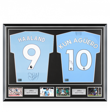 Erling Haaland & Sergio Aguero Signed Manchester City Home Shirts In Classic Dual Frame