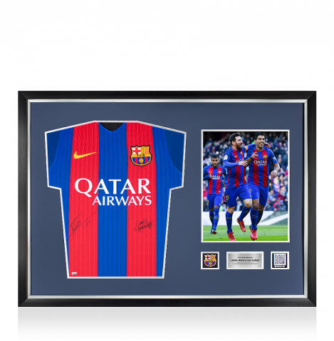 Lionel Messi & Luis Suarez Official FC Barcelona Front Signed and Framed 2016-17 Home Shirt