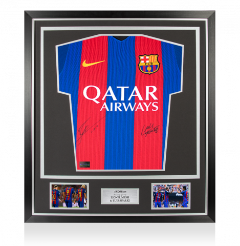 Lionel Messi & Luis Suarez Front Signed FC Barcelona 2016-17 Home Shirt In Classic Frame