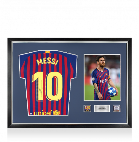PRE-FRAMED Lionel Messi Official FC Barcelona Back Signed and Framed 2018-19 Home Shirt with Fan Style Numbers