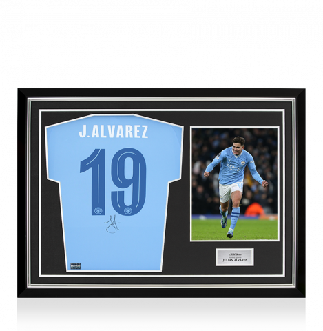 Julian Alvarez Back Signed Manchester City 2023-24 Home Shirt  In Hero Frame: Option 1