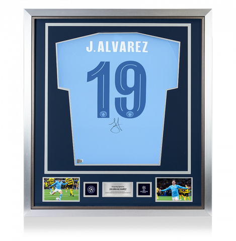 Julian Alvarez Official UEFA Champions League Back Signed and Framed Manchester City 2023-24 Home Shirt 