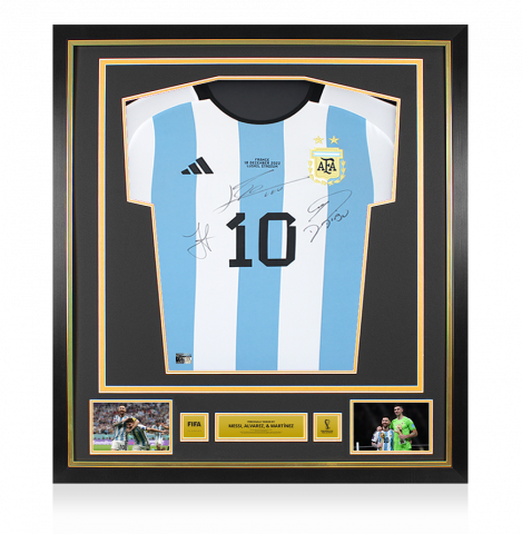 Julian Alvarez, Emiliano Martinez & Lionel Messi Official 2022 FIFA World Cup™ Front Signed and Framed Argentina 2022 Home Shirt