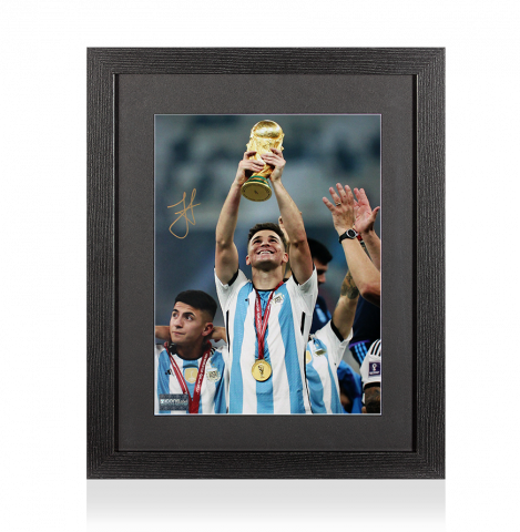 Julian Alvarez Signed Argentina Photo In Black Wooden Frame: 2022 FIFA World Cup Winner Photo