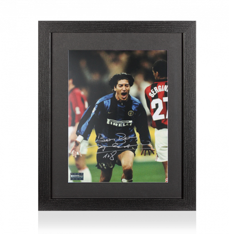 Ivan Zamorano Signed Internazionale Photo In Black Wooden Frame: Milan Derby Goal - Signed in Silver