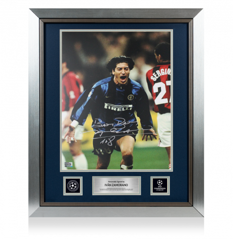 Ivan Zamorano Official UEFA Champions League Signed and Framed Internazionale Photo in Silver: Milan Derby Goal 