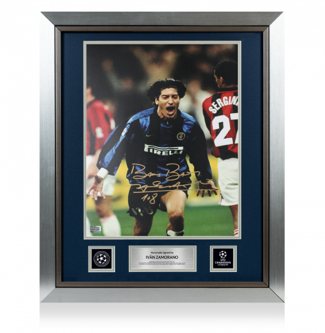 Ivan Zamorano Official UEFA Champions League Signed and Framed Internazionale Photo in Gold: Milan Derby Goal 