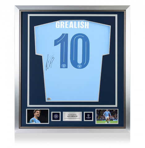 Jack Grealish Official UEFA Champions League Back Signed and Framed Manchester City 2023-24 Home Shirt 