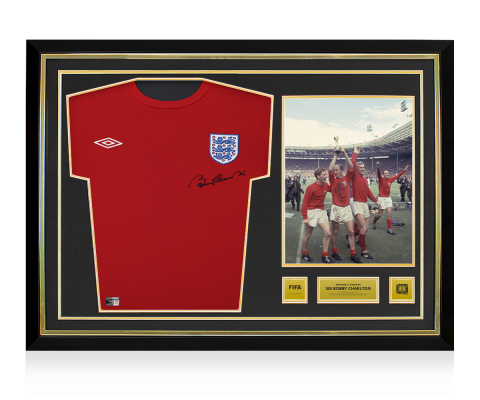Sir Bobby Charlton Official 1966 FIFA World Cup™ Front Signed and Hero Framed England T-Shirt