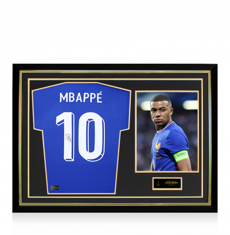 Kylian Mbappe Official Ballon d'Or™ Back Signed and Hero Framed France 2024 Home Shirt with Fan Style Numbers: 2024 Gerd Müller Trophy Winner