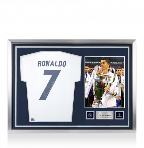 Cristiano Ronaldo Official UEFA Champions League Back Signed and Hero Framed Real Madrid Modern Home Shirt