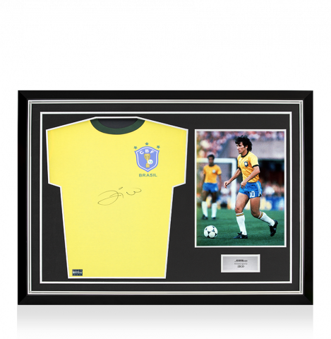 Zico Front Signed Brazil Retro Home Shirt In Hero Frame: Option 1