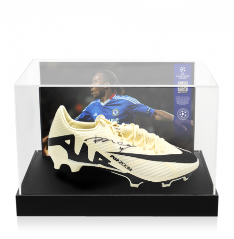 Didier Drogba Official UEFA Champions League Signed Nike Vapor Boot In Photo Acrylic Case: Option 1