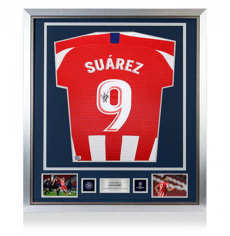 Luis Suarez Official UEFA Champions League Back Signed and Framed Atletico Madrid 2019-20 Home Shirt with Fan Style Number