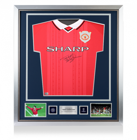 Teddy Sheringham Official UEFA Champions League Front Signed and Framed Manchester United 1999 Home Shirt