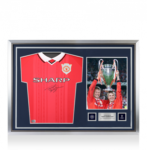 Teddy Sheringham Official UEFA Champions League Front Signed and Hero Framed Manchester United 1999 Home Shirt