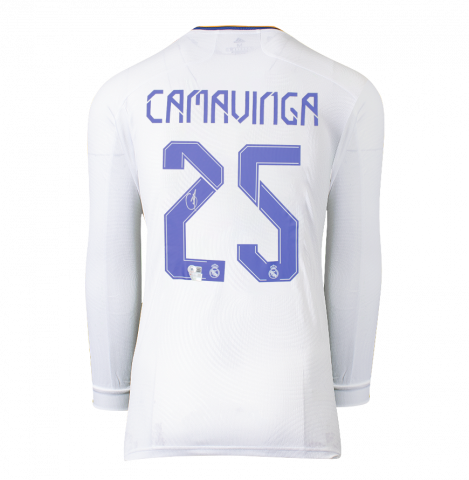 Eduardo Camavinga Back Signed Real Madrid 2021-22 Home Shirt In Deluxe Packaging