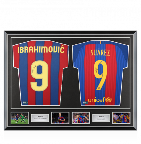 Zlatan Ibrahimovic & Luis Suarez Signed Barcelona Shirts In Classic Dual Frame
