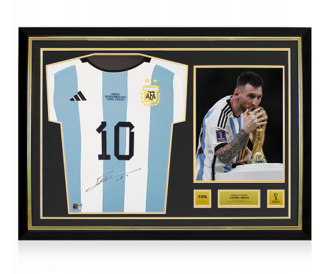 Lionel Messi Official 2022 FIFA World Cup™ Front Signed and Hero Framed Argentina 2022 Home Shirt