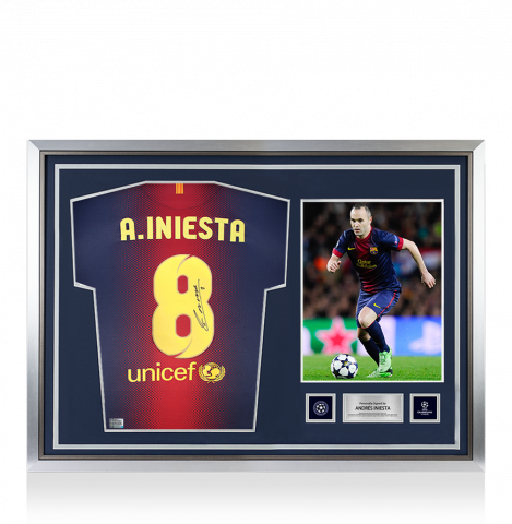 Andres Iniesta Official UEFA Champions League Back Signed and Hero Framed FC Barcelona 2012-13 Home Shirt
