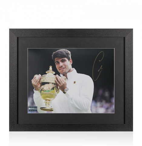 Carlos Alcaraz Signed Photo In Black Wooden Frame: Wimbledon 2024 Trophy Lift