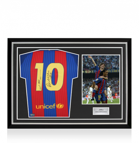 Lionel Messi and Ronaldinho Dual Signed FC Barcelona 2016-2017 Home Shirt In Hero Frame: Option 1