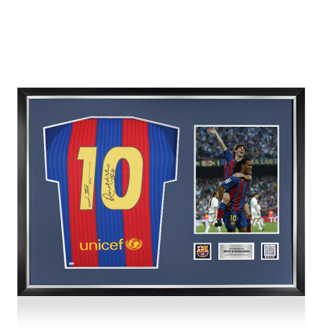 Lionel Messi and Ronaldinho Official FC Barcelona Back Signed and Framed 2016-17 Home Shirt