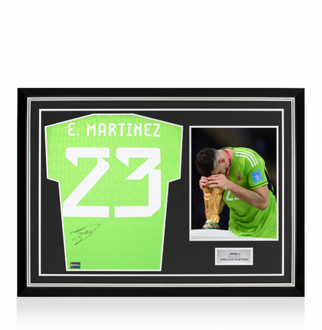 Emiliano Martinez Back Signed Argentina 2022 Home Goalkeeper Shirt In Hero Frame: Option 1