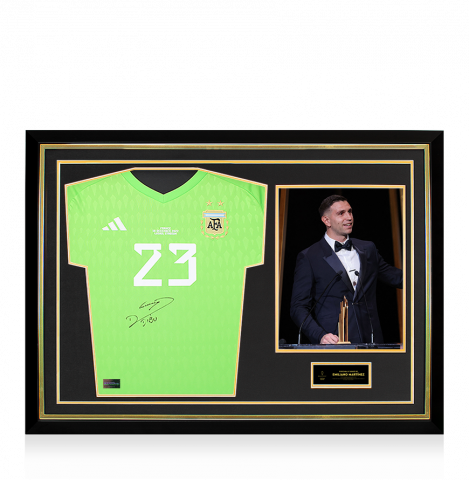 Emiliano Martinez Official Ballon d'Or™ Front Signed and Hero Framed Argentina 2022 Home Goalkeeper Shirt: 2023 Yachine Trophy Winner