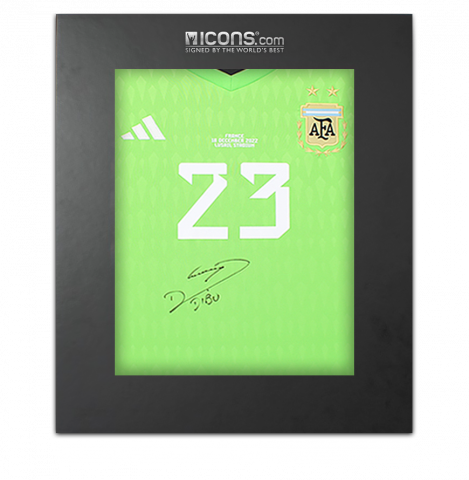 Emiliano Martinez Front Signed Argentina 2022 Home Goalkeeper Shirt In Deluxe Packaging