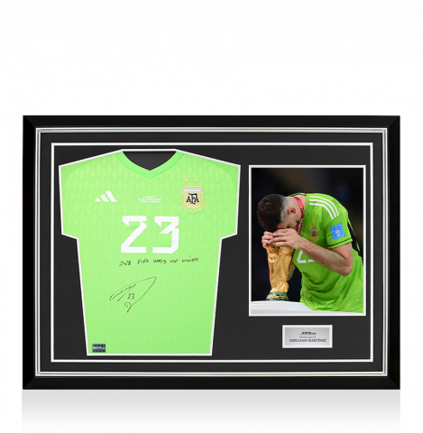 Emiliano Martinez Front Signed Argentina 2022 Home Goalkeeper Shirt - "2022 FIFA World Cup Winner" Inscription In Hero Frame: Option 1