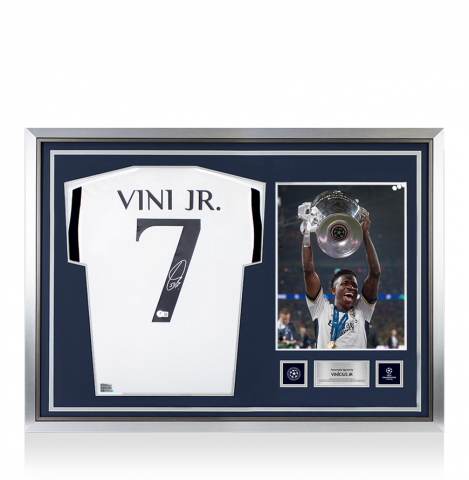 Vinicius Jr Official UEFA Champions League Back Signed and Hero Framed Real Madrid 2023-24 Home Shirt